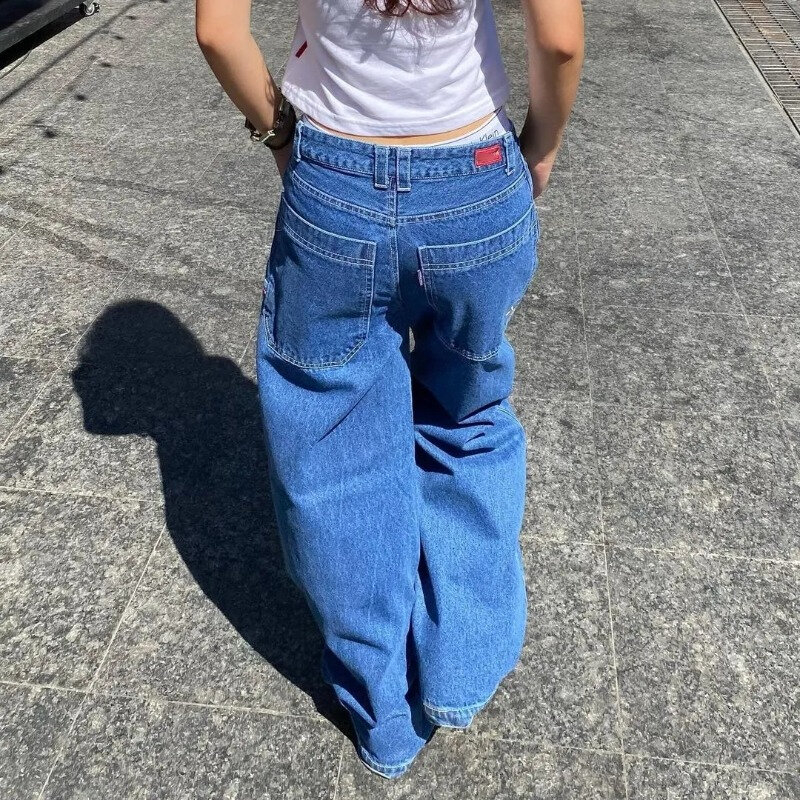 HOUZHOU-Jeans largos Y2K femininos com bordado, bolso vintage, grande, coreano, casual, solto, perna larga, rua alta, jeans