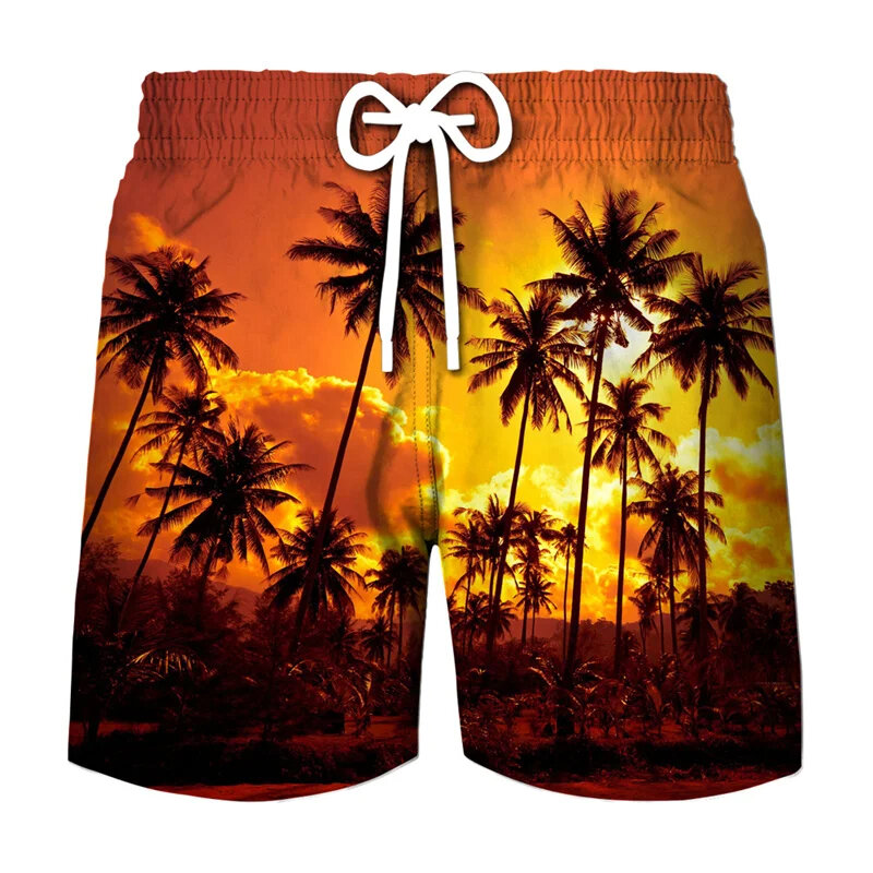 Hawaii Coconut Tree 3D Printed Short Pants Natural Scenery Sunset Graphic Trunks Fashion Surfing Vacation Men Beach Short Trunks