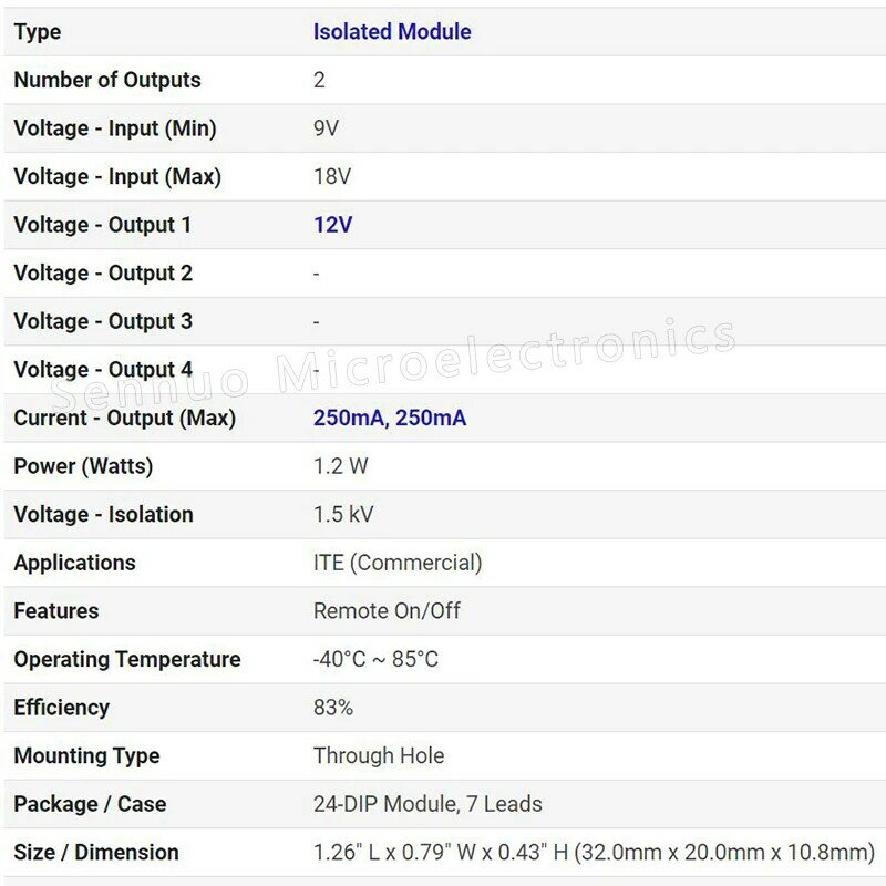 1Pcs WRB1212ZP-3WR2 ISOLATED MODULE DC DC CONVERTER Isolated Module DC DC Converter 2 Output 12V 250mA, 250mA 9V - 18V Input