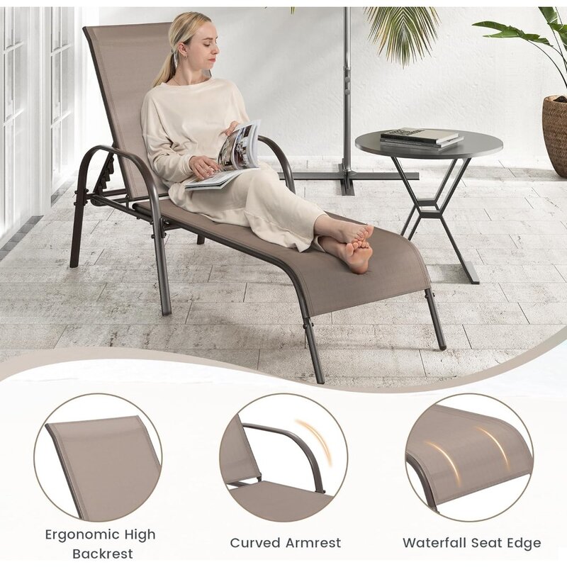 Chaise Lounge Chaise para exteriores, silla de salón con 5 respaldo ajustable, marco de acero resistente, para exteriores