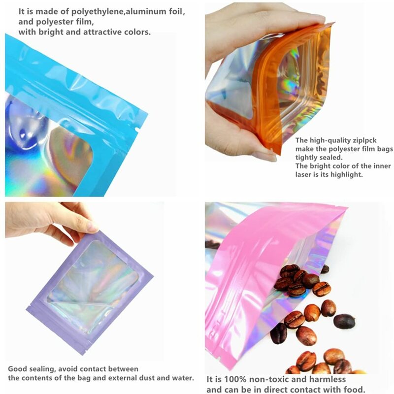 Saco de Embalagem Holográfica Visível, Mylar Bags, Resealable Ziplock Opp Bags, Foil Pouch, Jewelry Packaging, Smell Proof, 50Pcs