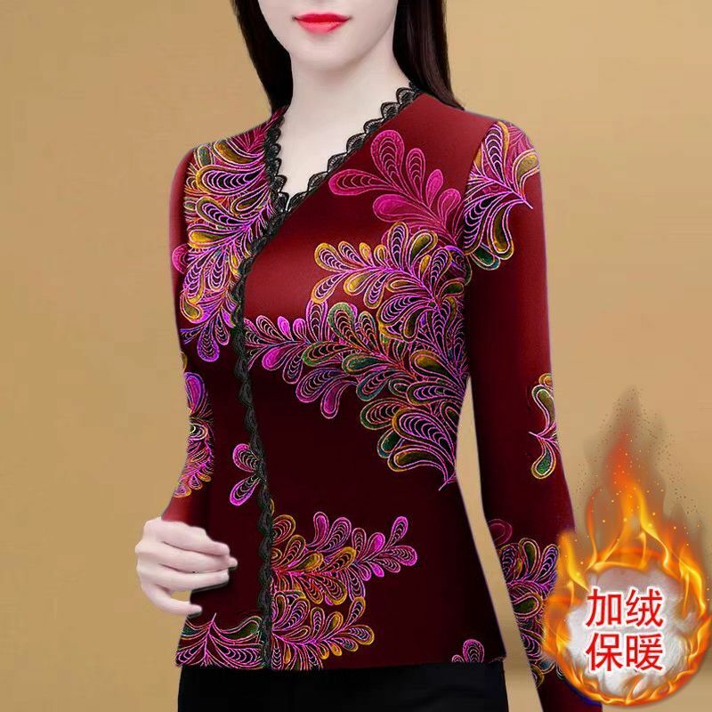 Autunno inverno delle donne nuovo elegante Pullover con scollo a v alla moda a maniche lunghe stampato fondo camicia Casual e Versatile gioventù top