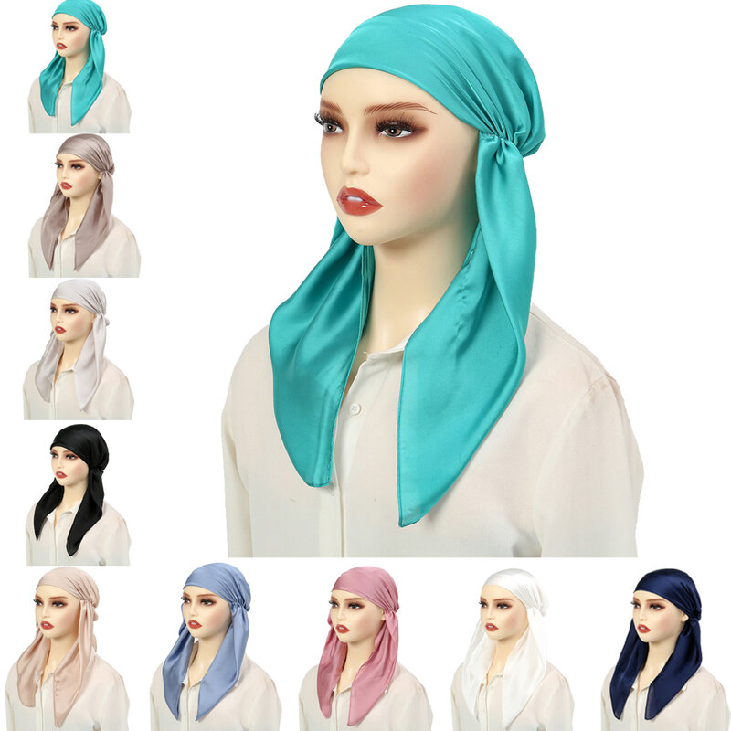 여성용 단색 새틴 터번 모자, 미리 묶은 스카프, 헤드 랩, 스트레치 헤드 스카프, 미리 묶은 반다나 터번, 이슬람 히잡, 패션