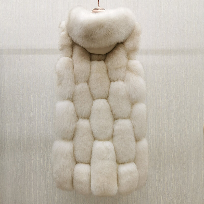 Женский Длинный жилет из натуральной овечьей кожи, теплая куртка с капюшоном из натурального меха лисы, зимний сезон
