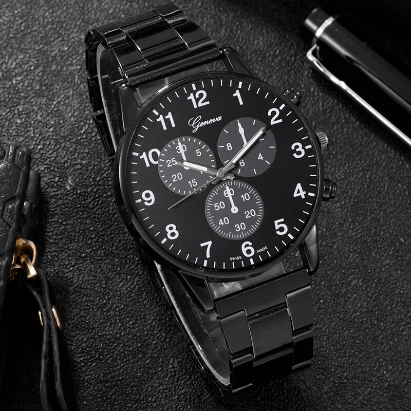 3 Stuks Set Mode Heren Zakelijke Horloges Mannen Casual Zwarte Armband Ketting Rvs Quartz Polshorlogio Relogio Masculino