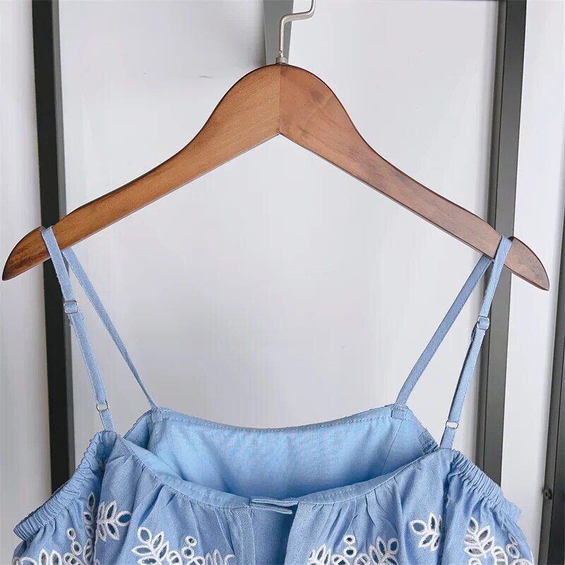 Damski haftowany, niebieski zestaw z falbankami, łączony top na ramiączkach lub jednorzędowa spódnica midi w kształcie litery A, garnitur wakacyjny