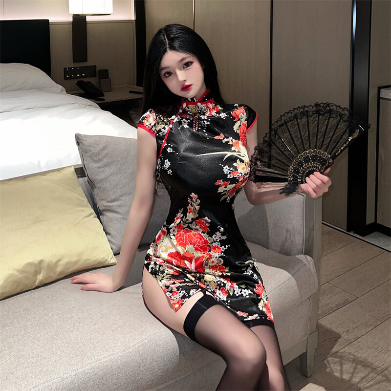 Lingerie seksi Qipao Lingerie Cina, gaun pesta kostum Cosplay Cheongsam kerah berdiri, baju Qipao Vintage