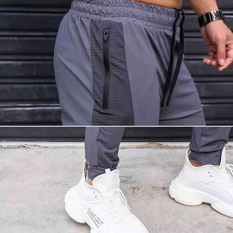 Moletom casual masculino com bolsos com zíper, calça de elasticidade, calça esportiva de treino para jogging, treino de ginástica