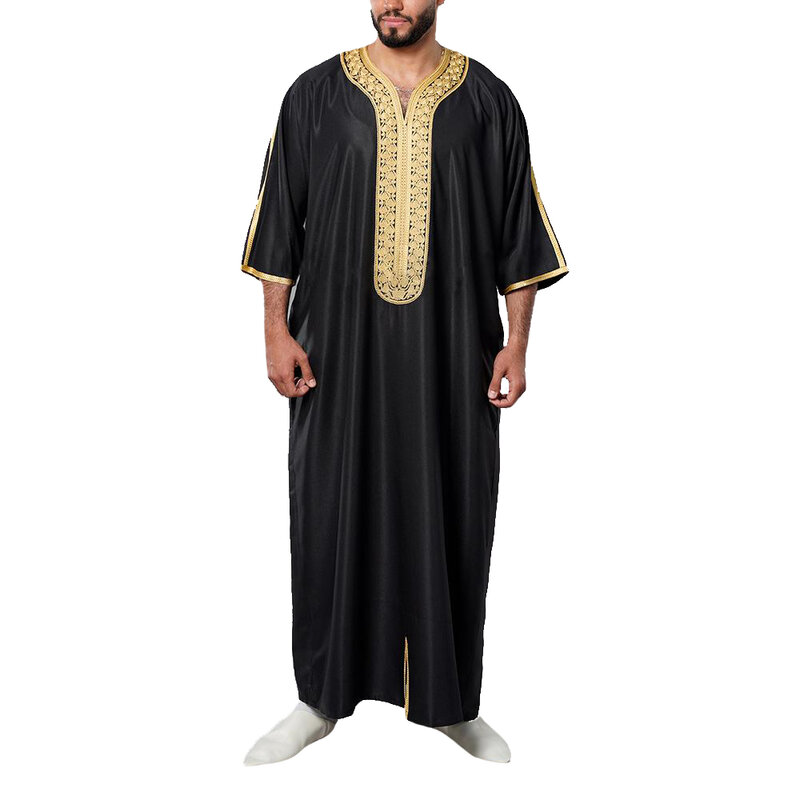 Vestido preto de blusa longa para homens, moda muçulmana, Jubba Thobes, árabe, Paquistão, Kaftan, Abaya Robes, islâmico, Arábia Saudita