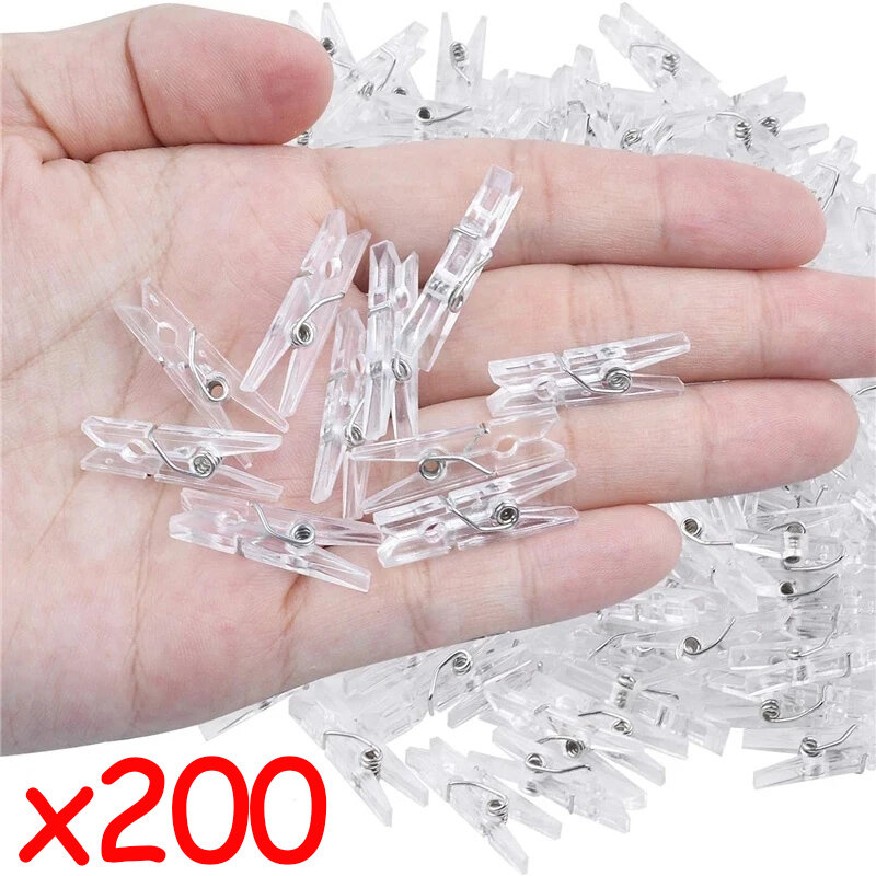 Klip plastik Mini 200/50 buah klip penyegel makanan ringan foto transparan penjepit gantung cahaya peri dekorasi pesta rumah DIY