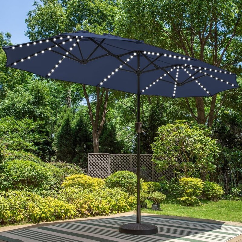 Paraguas de Patio grande con luces solares, sombrilla rectangular de doble cara para mercado al aire libre, con luces LED de 120 piezas, 13 pies