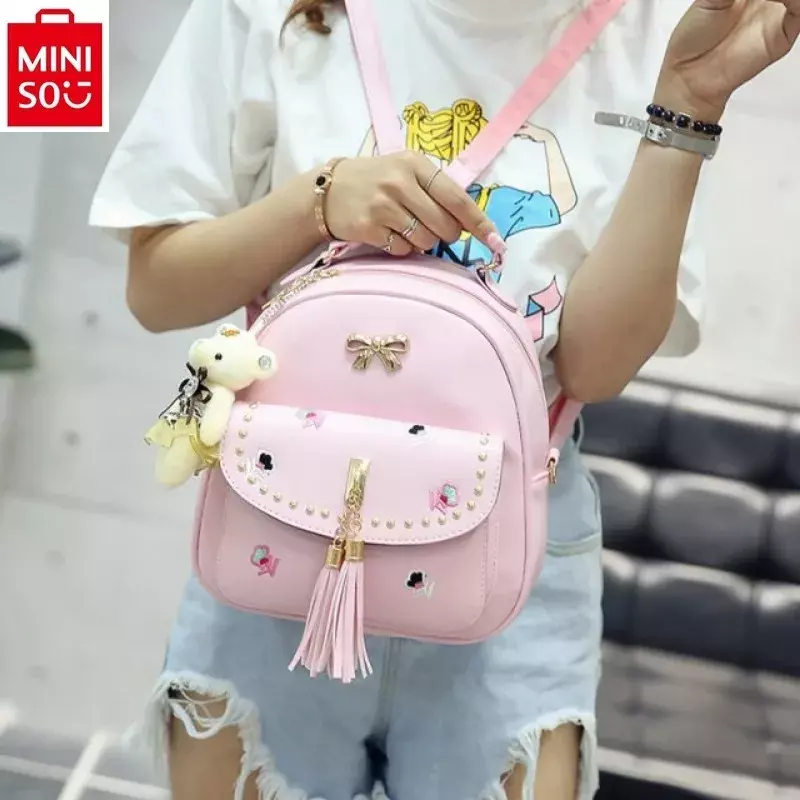 MINISO Disney Princess Cute Bow Fashion Luxury Brand High Quality PU Backpack Women's Sweet Versatile Backpack