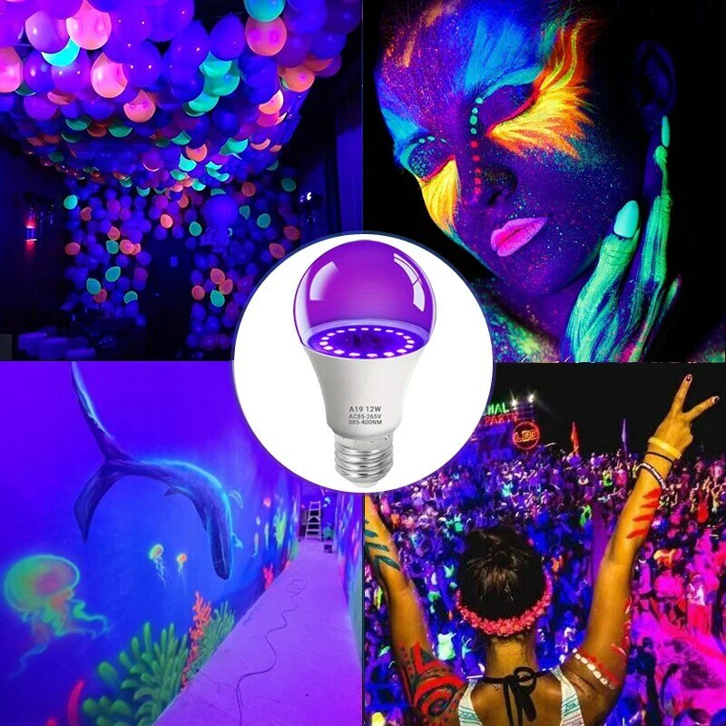 12 Вт E27 УФ-лампочка, фиолетовая черная лампочка, лампочка, флуоресцентная лампочка для украшения на Хэллоуин, 85-265 В переменного тока