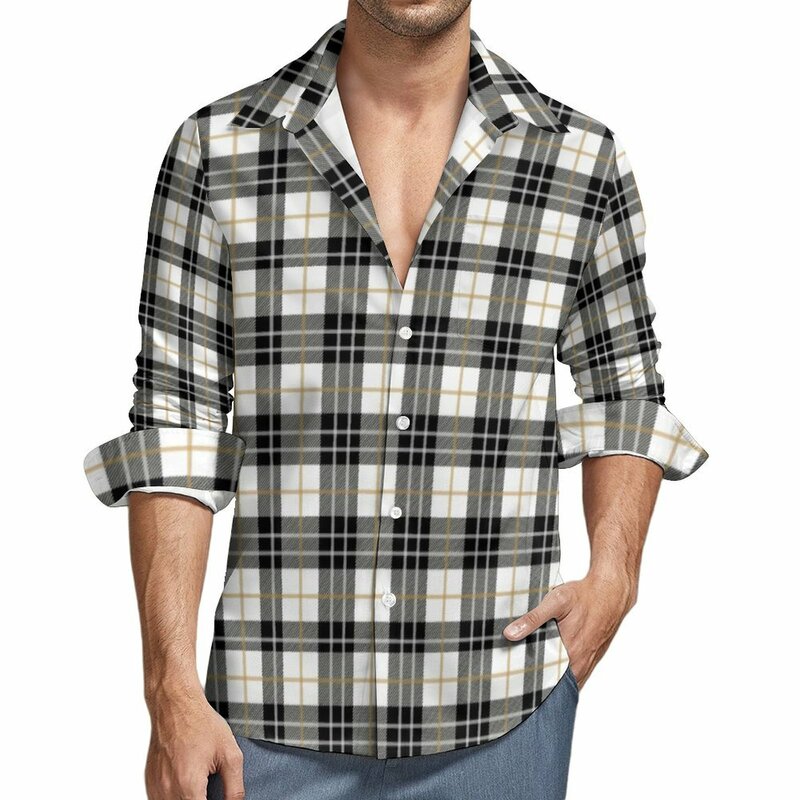 Camisa xadrez casual masculina, estampa linhas retrô, camisa respirável, novidade outono, manga longa, roupas de grandes dimensões DIY, branco, preto, outono