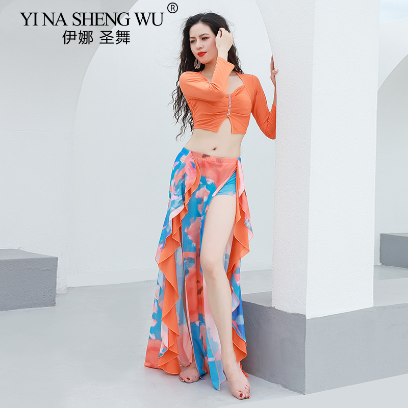 Kostum tari perut baju dansa Oriental untuk wanita atasan jaring-jaring + pakaian dansa rok panjang Motif