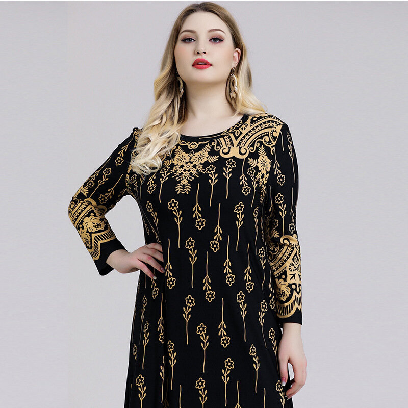 EDressU 2022 kobiety Abaya długa sukienka Plus rozmiar wydruku arabski muzułmańska szata wysokiej jakości długie rękawy czarna złota sukienka SJ-20261