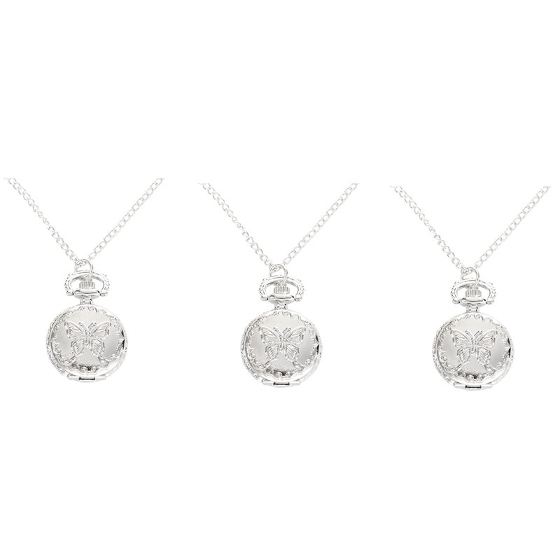 3X серебряные кварцевые бабочки с арабскими цифрами карманные часы с винтажным ожерельем