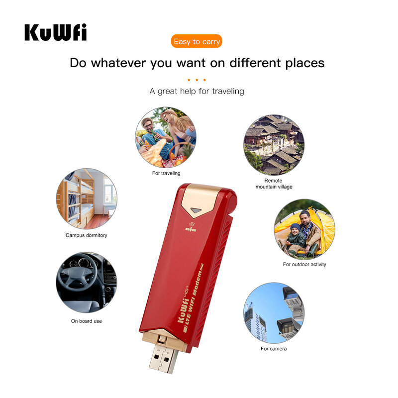 KuWfi-Dongle USB WiFi Portátil, Modem com Slot para Cartão Sim, Roteador Sem Fio, Desbloqueado, Home Office, Hotspot, 150Mbps, 4G