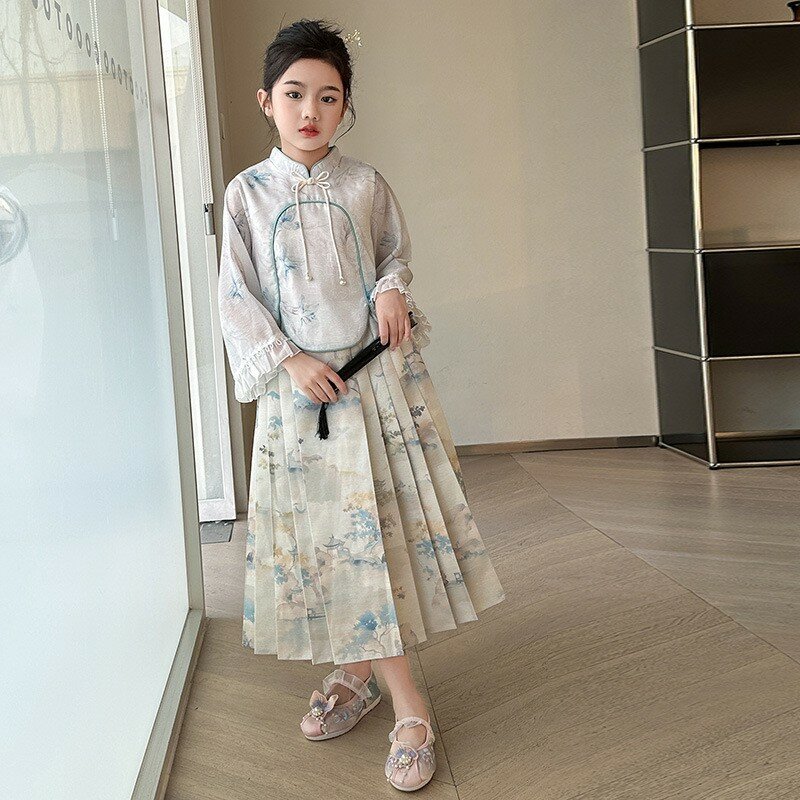 子供のためのアンティークスタイルの馬のスカートセット,アンティークの中国風のドレス,漢服の王女,春,2022
