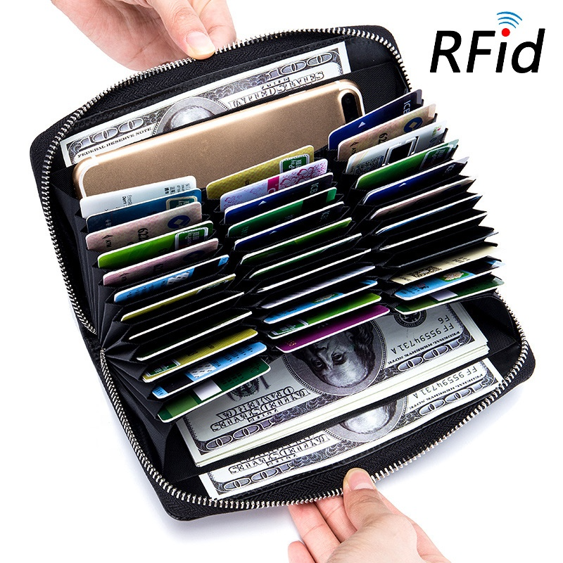 หนังกระเป๋าเงินใส่บัตรซิปหนังแท้กระเป๋าใส่บัตรเครดิต RFID การปิดกั้นกระเป๋าสตางค์สำหรับผู...