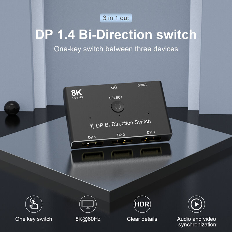 Interruptor de displayport 144hz 3 porto dp 1.4 a 3x dp switcher divisor bi-direção 1x3 ou 3x1 8k @ 60hz 4k @ 144hz para o interruptor triplo do dp