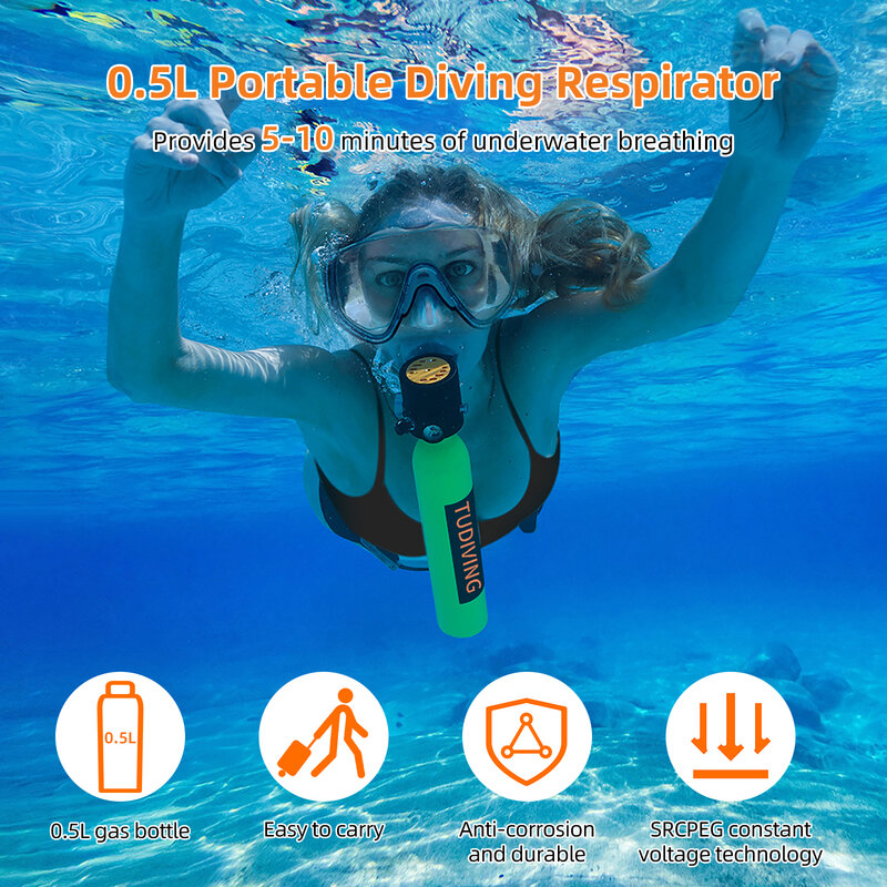 TUDIVING 0.5L Scuba Diving Tank Mini bombola di ossigeno portatile con pompa bombola subacquea riutilizzabile per attrezzature per immersioni e Snorkeling