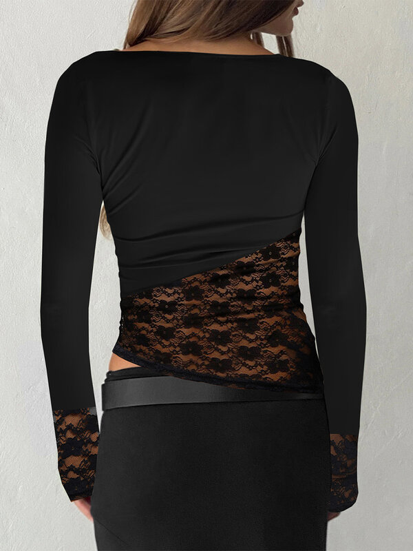 Bluzki damskie Basic swobodna koronka patchworkowy, nieregularny pulower z długim rękawem do klubu Streetwear estetyczne ubrania