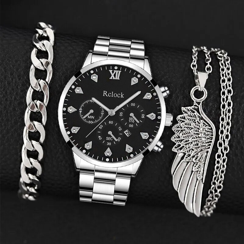 3 Stück Set Mode Herren Business Kalender Uhren Männer lässig Silber Armband Flügel Halskette Edelstahl Quarz Armbanduhr