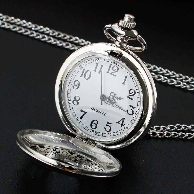 Silver Hollow Pattern Necklace Quartz Pocket Watch Old Vintage Fashion Chain Pendant Pocket Timer Gift relogio masculino