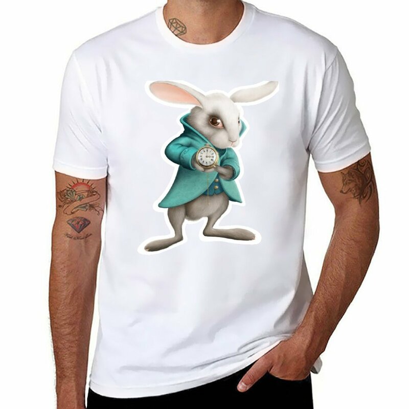Новая футболка с белым кроликом и часами, Мужская футболка, мужские футболки, упаковка