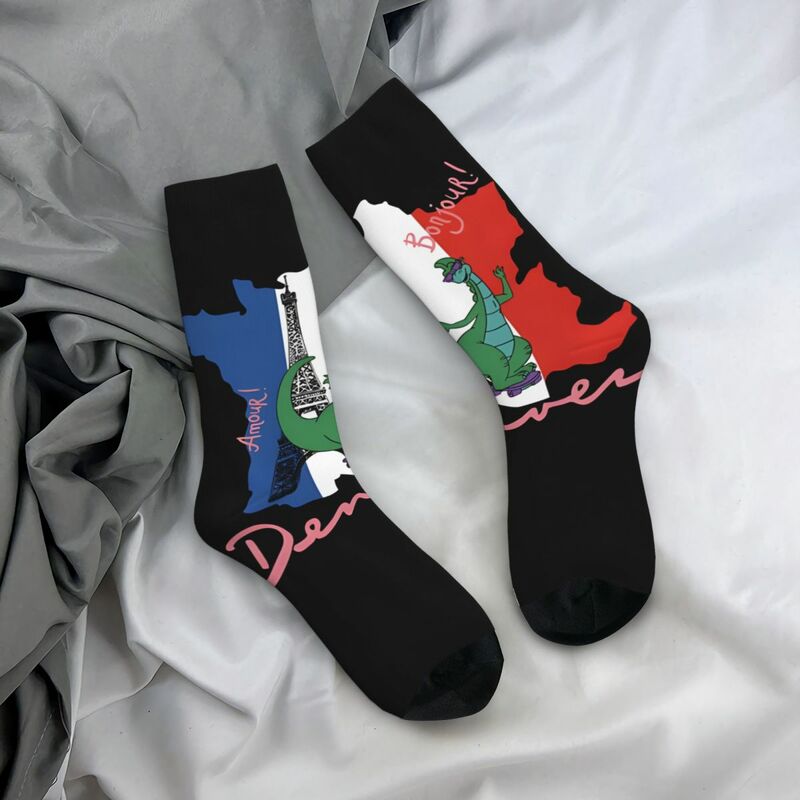 Happy Funny In France Men's Socks Vintage Harajuku D-Denver, The Last Dinosaur Street Style Novelty Pattern Crew Crazy Sock