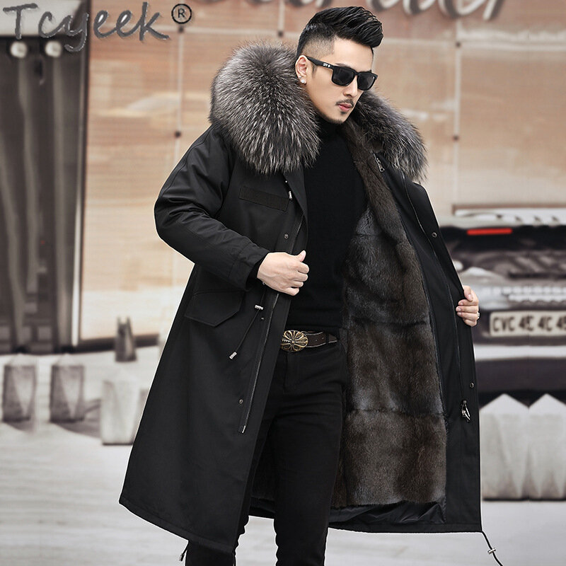 Tcyeek-Chaqueta cálida de piel de visón para hombre, abrigo desmontable, Parka con cuello de piel de mapache, a la moda, a 30 °C, para invierno, 2023