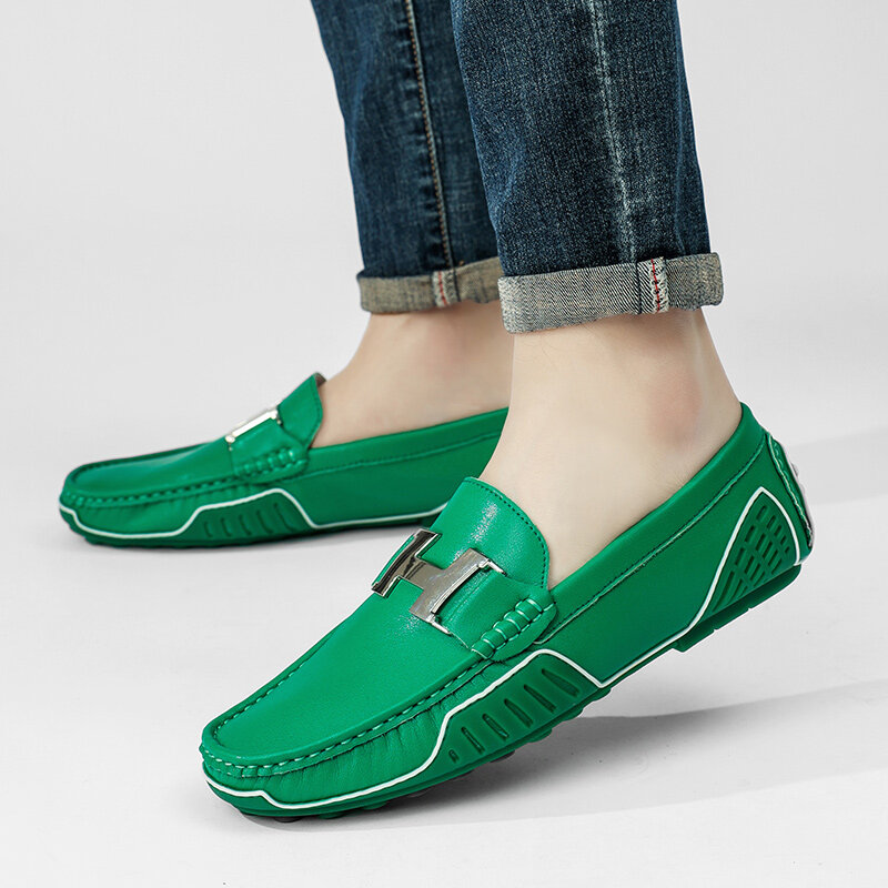 Mocasines de cuero genuino para hombre, zapatos de conducción sin cordones, color verde, talla grande 48, 2023
