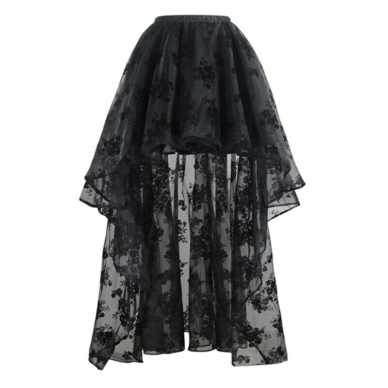 Gótico floral estampado cintura plissado alto baixo longo saia tule para mulheres dropship