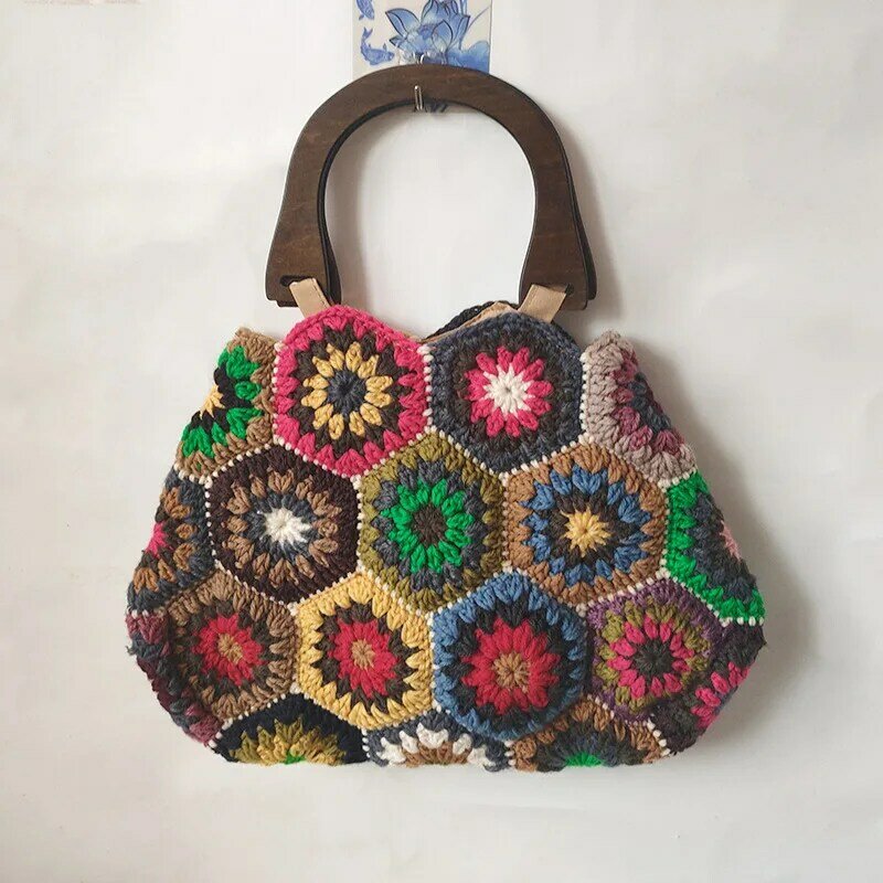 Bolso de mano tejido de lana para mujer, bolsa de hombro hecha a mano con flores, de ganchillo, para la playa