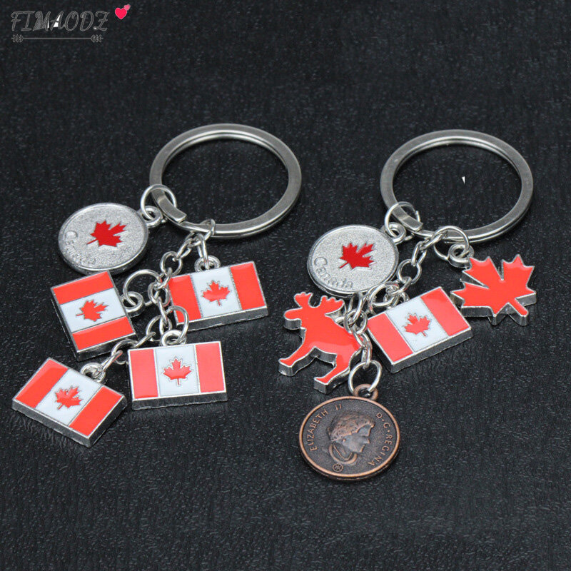 FIMAODZ แคนาดาพวงกุญแจของที่ระลึกใบเมเปิลธงแผนที่เดินทางจี้ Key Chain ยาวแฟชั่นโลหะพวงกุญแจเครื่องประดับสำหรับผู้ชายผู้หญิง