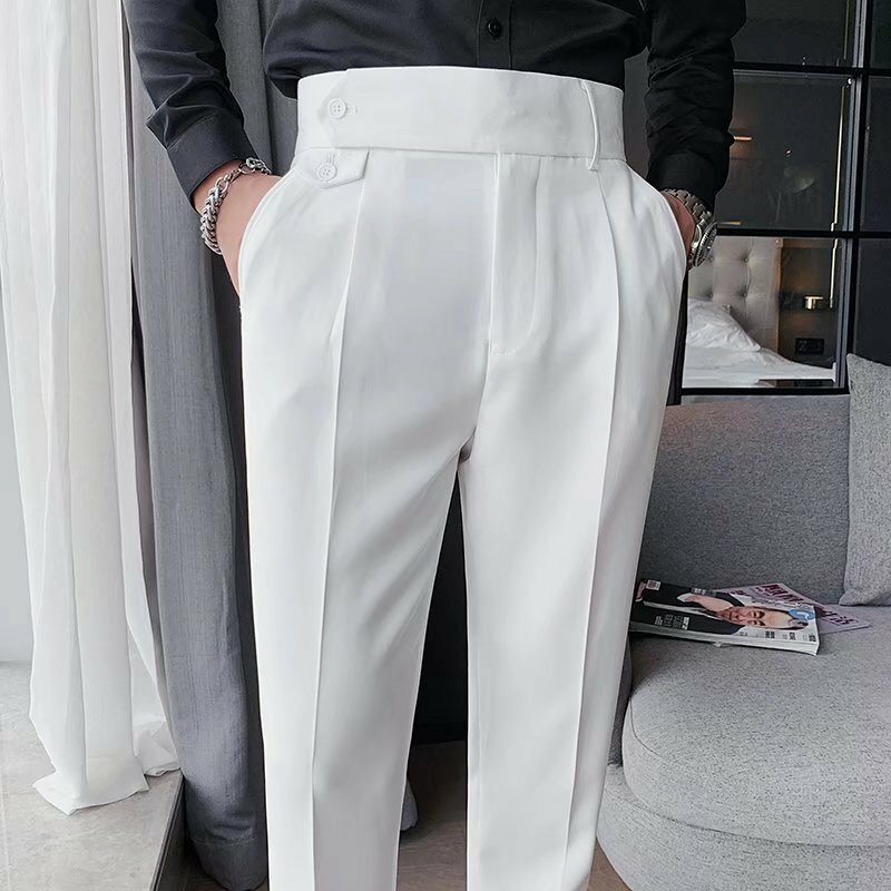 กางเกงขาบานเข้ารูปลำลองธุรกิจสไตล์อังกฤษกางเกงผู้ชายแฟชั่น celana setelan สีพื้นกางเกงเอวสูงสำหรับใส่ออกงานแนวสังคม