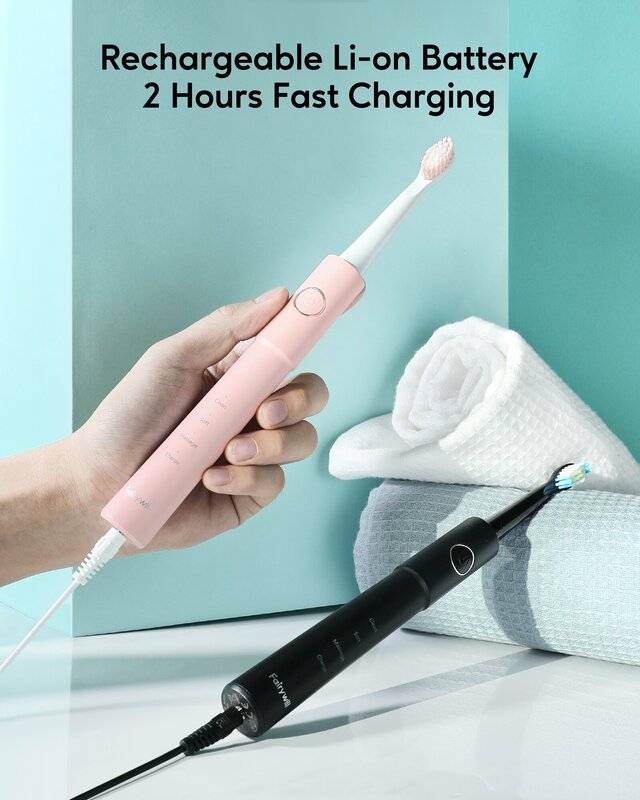 Fairywill Sonic Electric Toothbrush E11 Waterproof USB Charge With 8 Brush Replacement Heads Black and Pink Set for Couple