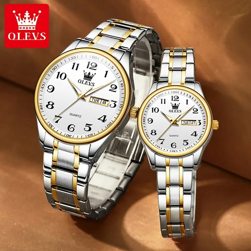 OLEVS 5567 klasyczny podwójny kalendarz zegarek kwarcowy dla par oryginalny luksusowy zegarek wodoodporny ze stali nierdzewnej w skali liczbowej dla mężczyzn kobiet