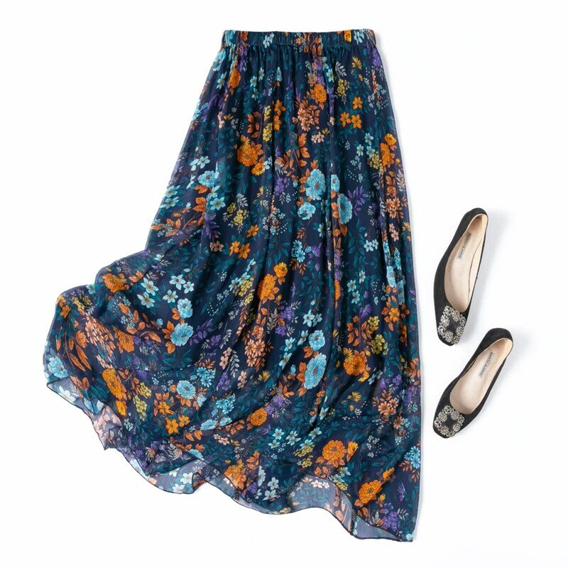 Falda Floral de doble capa para mujer, cintura elástica de seda de morera 100% Natural, con dobladillo grande, literaria y elegante, a la moda