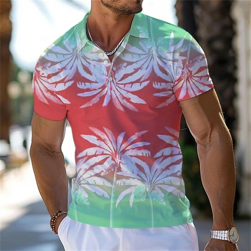 Мужская гавайская рубашка-поло с 3D-принтом пальмового дерева, пляжные топы для отпуска с коротким рукавом, гавайская дышащая футболка, одежда для отдыха