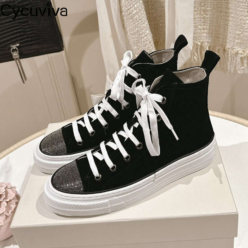Summer New Lace Up Cow Suede High Top Sneakers Women Beaded Platform Flat Platform Shoes Casual Vacation Walking Shoes For Women