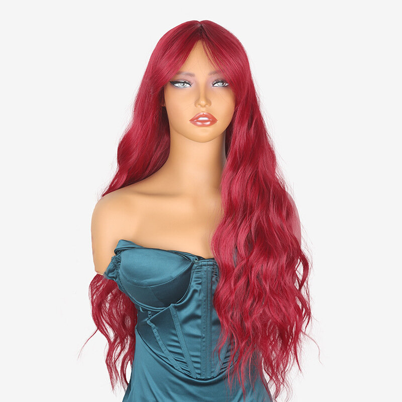 SNQP 80cm Wig merah keriting panjang Wig rambut bergaya baru untuk Wig sintetis tampak alami tahan panas pesta Cosplay harian wanita