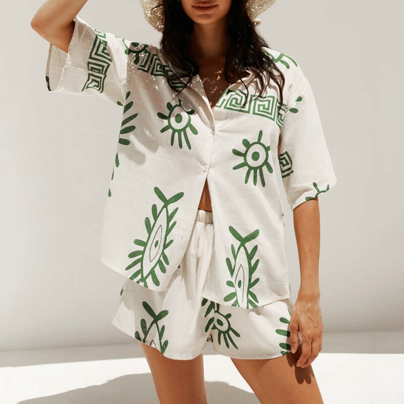Fashion Printed Short Sleeve Shirt And Shorts Two Piece Sets Women 2024 Summer Breathable Casual Home 2 Piece Set For Women 2024