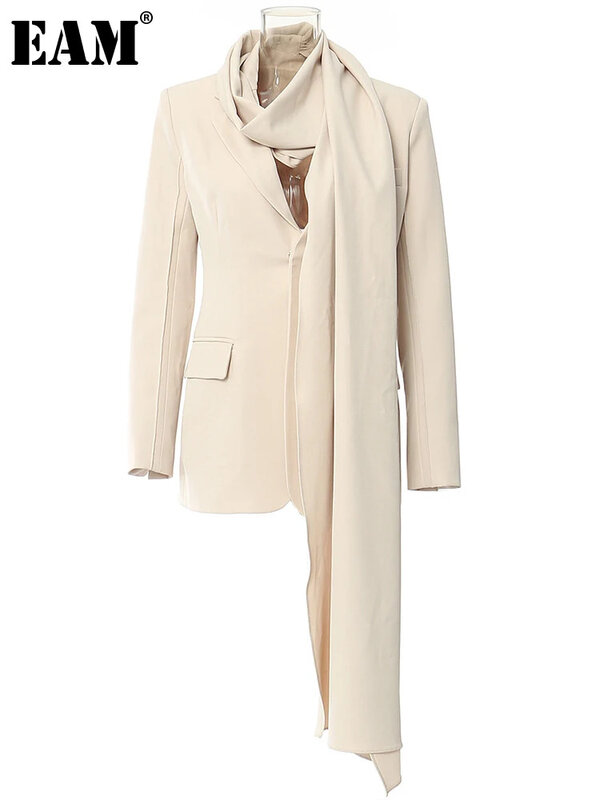 [EAM] Women Apricot Irregular Big Size Elegant Blazer New Scarf Collar Long Sleeve Jacket Fashion Spring Autumn 2024 1DH4167