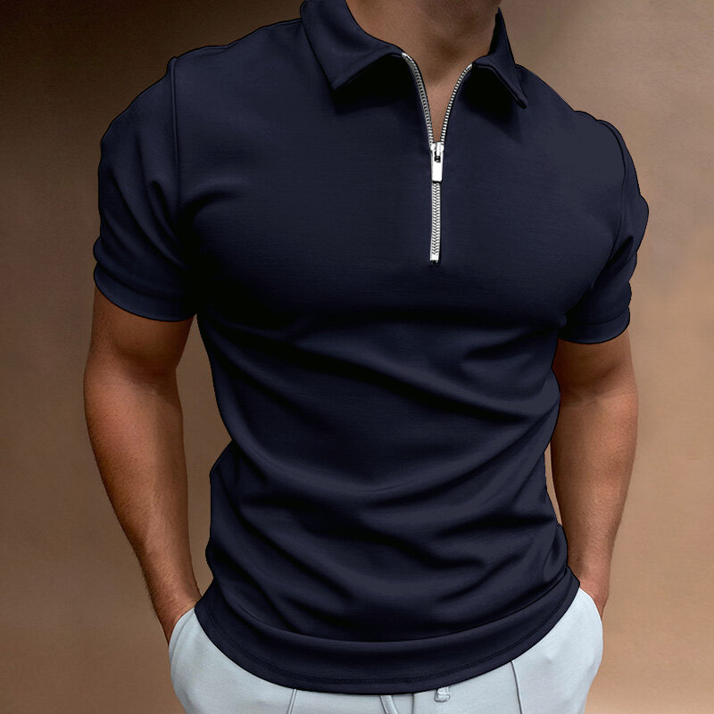 เสื้อโปโลสีพื้นสำหรับผู้ชายฤดูร้อนเสื้อคอปกเสื้อแขนสั้นมีซิป & เสื้อผ้าแนวสตรีทลำลองสำหรับผู้ชายเสื้อชายใหม่