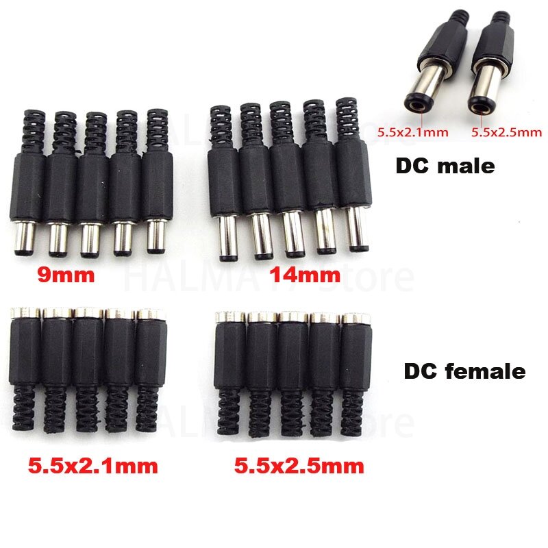 5pcs DC female male Power supply Plug Connectors 5.5mm x 2.1mm Female male Jack Socket Adapter Wire 5525 5521 J17