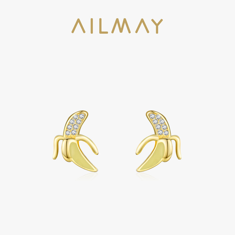 Ailmay 925 Sterling Silver Cute Banana Shiny CZ Fruit Enamel Gold Plating Earrings For Women Girls Party Accessories Jewelry