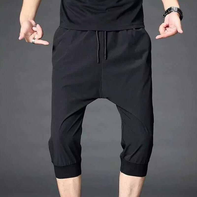 Calças cortadas elásticas masculinas, calças de bolsos tipo solto, cintura média, em bandas de tornozelo, tecido macio