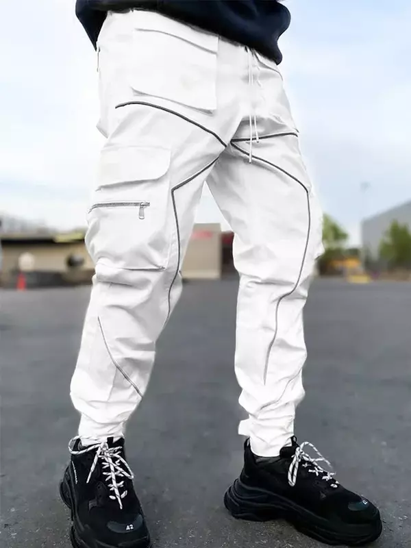 Calça de algodão Harajuku masculina, calça de rua hip-hop, estética branca emendada, solta, spandex longo, estilo coreano, nova